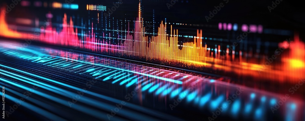 Poster digital sound wave representation with vibrant colors on a dark background.