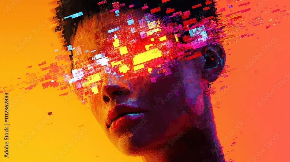 Poster a pixelated portrait with a futuristic design, made up of vibrant blocks that convey emotion through