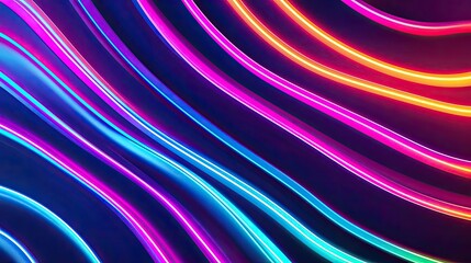 Vibrant neon lines flowing in waves against a dark background.
