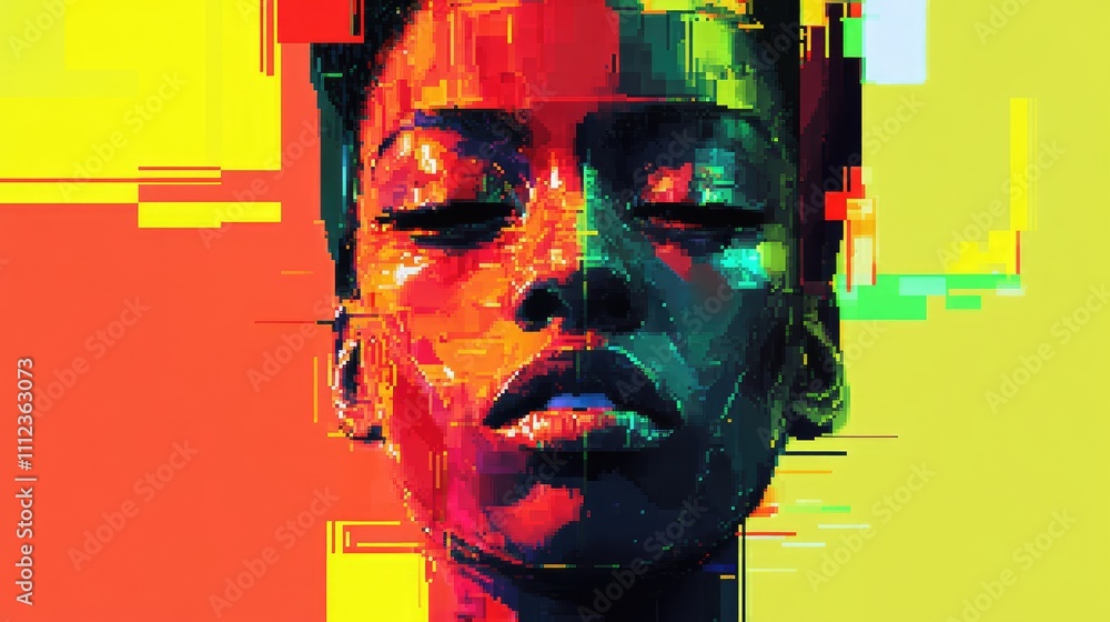 Poster a pixelated portrait with a futuristic design, made up of vibrant blocks that convey emotion through