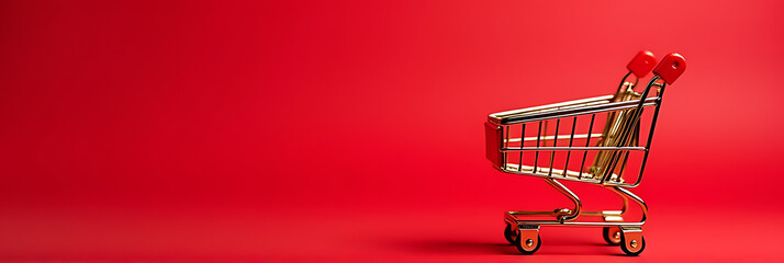 A small golden shopping cart on a bright red background symbolizes retail sales and the excitement of the holiday shopping season._00001_