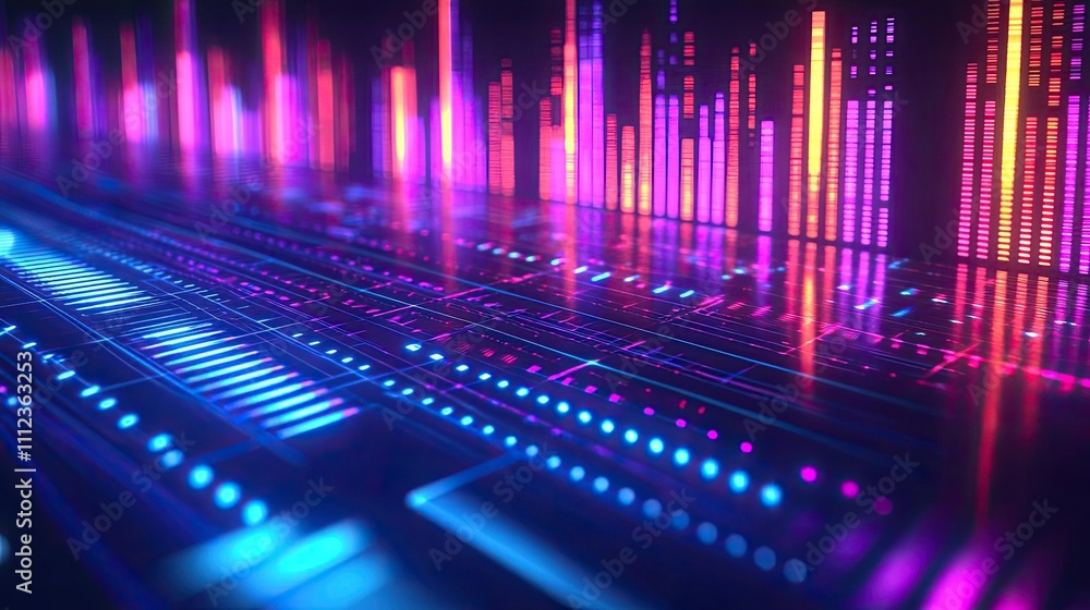 Poster colorful sound waves visual representation on a digital display.