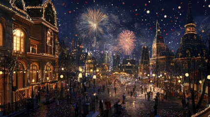 Naklejka premium Festive Night in a Glowing Town Square with Fireworks, Beautiful Lights, and Revelers Celebrating New Year's Eve in a Magical Winter Wonderland Scene
