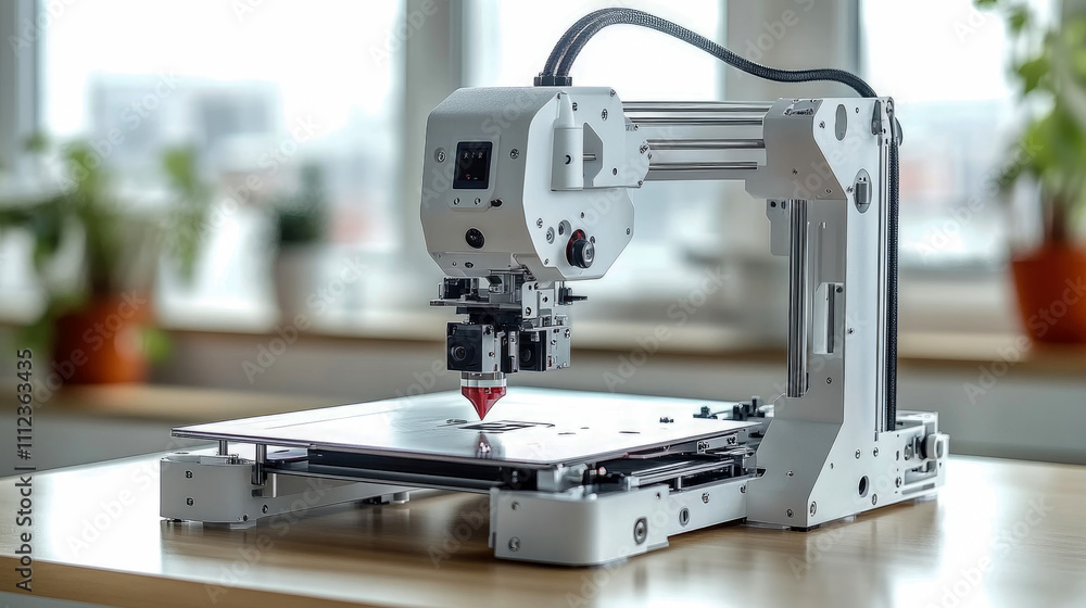 Aufkleber a sleek 3d printer operates on a wooden table, creating a precise model inside a well-lit workshop f