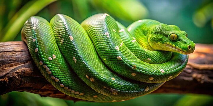 Green snake phyton slithering on a tree branch , nature, wildlife, reptile, serpent, green, scales, camouflage, predator, exotic