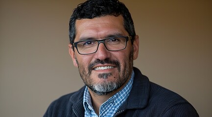 Obraz premium Young attractive man with a wonderful smile wearing fashionable spectacles against a neutral background 