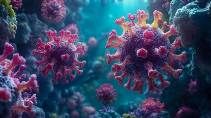 Fototapeta premium Coronaviruses are depicted floating in an underwater scene, revealing their complex structures and colorful spikes amidst a rich marine backdrop