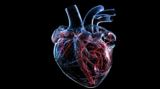 A 3D digital model of a human heart rotating in a scientific visualization, highlighting blood flow and heart anatomy.