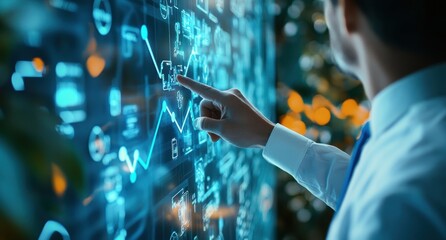 Business Professional Analyzing Data on a Digital Screen with Graphs and Statistical Information in a Modern Office Environment