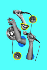 Vertical photo collage of bodyless human parts hands hold disco ball mic karaoke mouth sing eyeball...