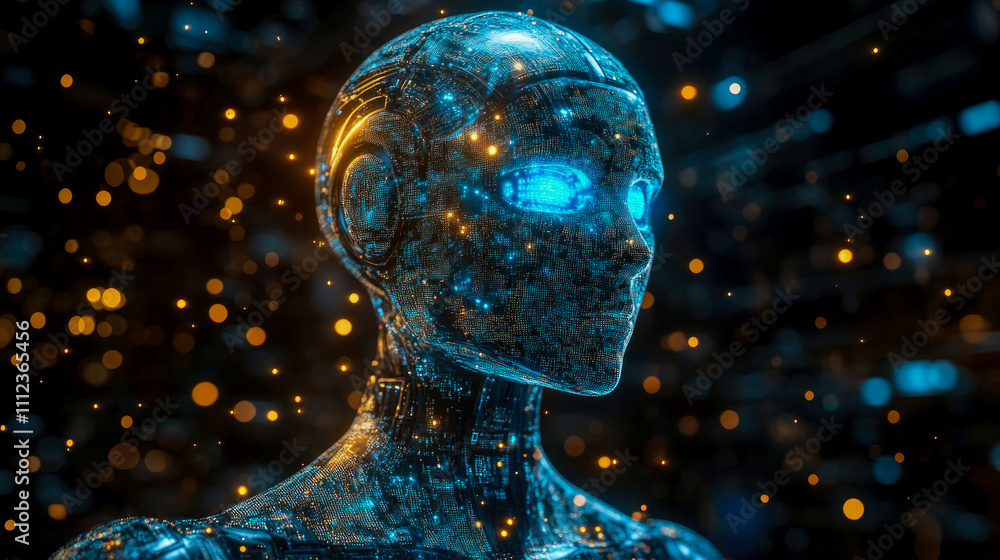 Poster a digital humanoid figure stands in a mesmerizing atmosphere of radiant particles, showcasing advanc