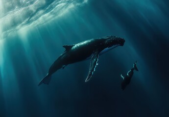 Fototapeta premium Majestic Underwater Scene of Humpback Whales Swimming Gracefully Beneath the Ocean Surface Illuminated by Soft Rays of Sunlight in a Serene Blue Environment