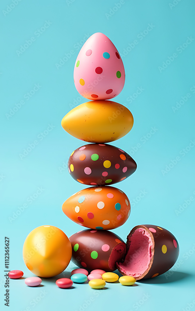 Poster A photograph of a vertical stack of colorful candies and fragmented chocolate eggs on a light blue background with space for overlaying graphics._00001_