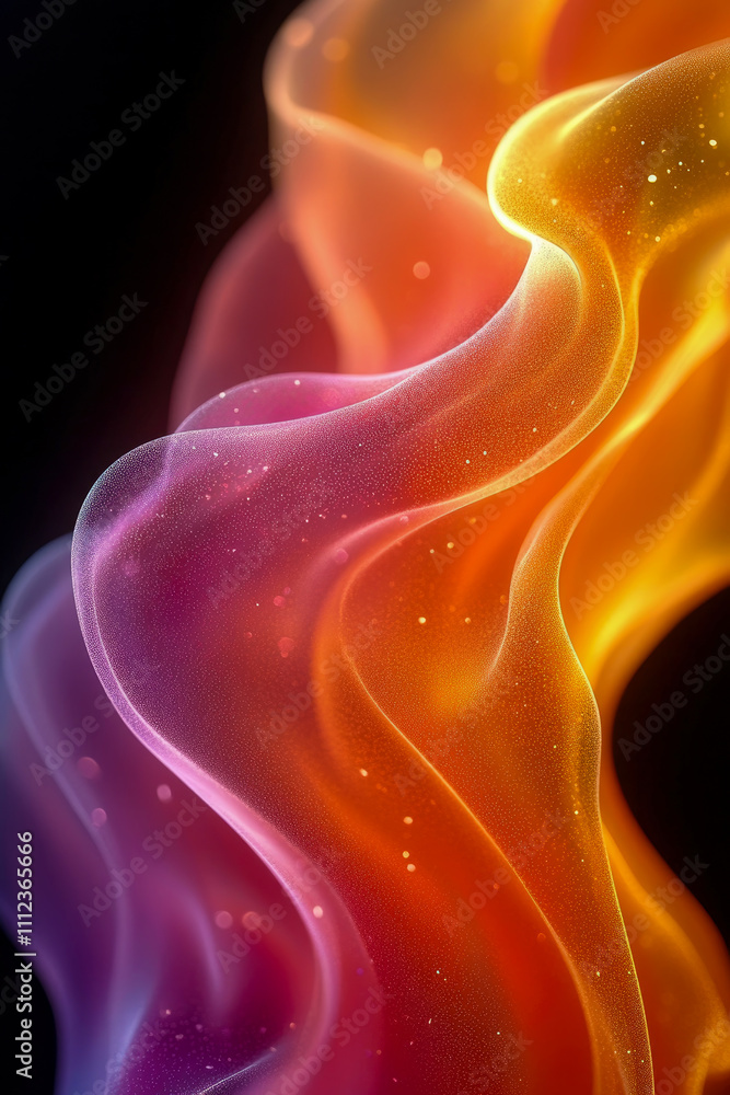 Poster flowing waves of vibrant color blend smoothly, creating a mesmerizing effect in a dark setting, high
