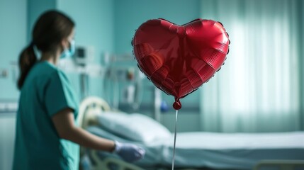 A healthcare worker holding a heart-shaped balloon in a hospital room, symbolizing recovery and hope for patients.