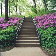 Ascending Steps Through a Blooming Azalea Garden Path