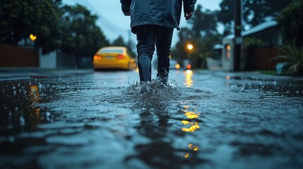 Obraz premium A person walking through a flooded street during rainy weather.