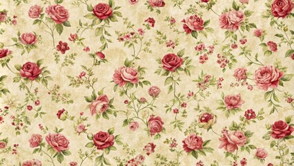 Fototapeta premium Cream vintage floral wrapping paper with crimson rose pattern, vintage, inspired, floral, wrapping paper, cream, base