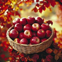 Autumn Harvest A Basket of Ripe Red Apples in Fall Foliage