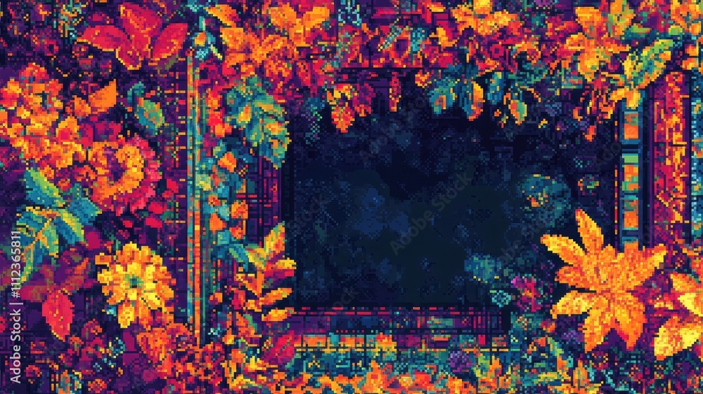 Poster a pixelated rendition of a folk art-inspired border, with intricate patterns and vibrant hues transi