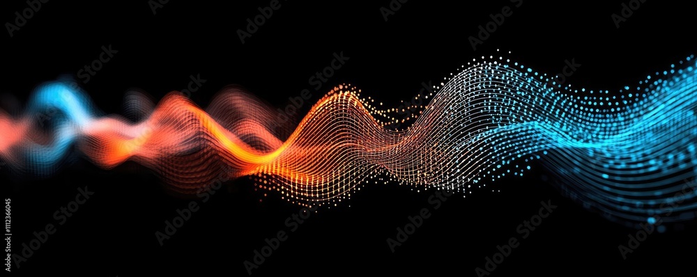 Poster dynamic wave of colorful dots on a dark background, abstract digital art.