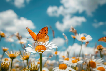 Fototapeta premium Wildflowers and butterflies against a blue sky.