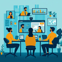 Fototapeta premium A group of people are working together in a virtual meeting. They are all sitting at desks with laptops and a large screen in the background. Scene is collaborative and focused