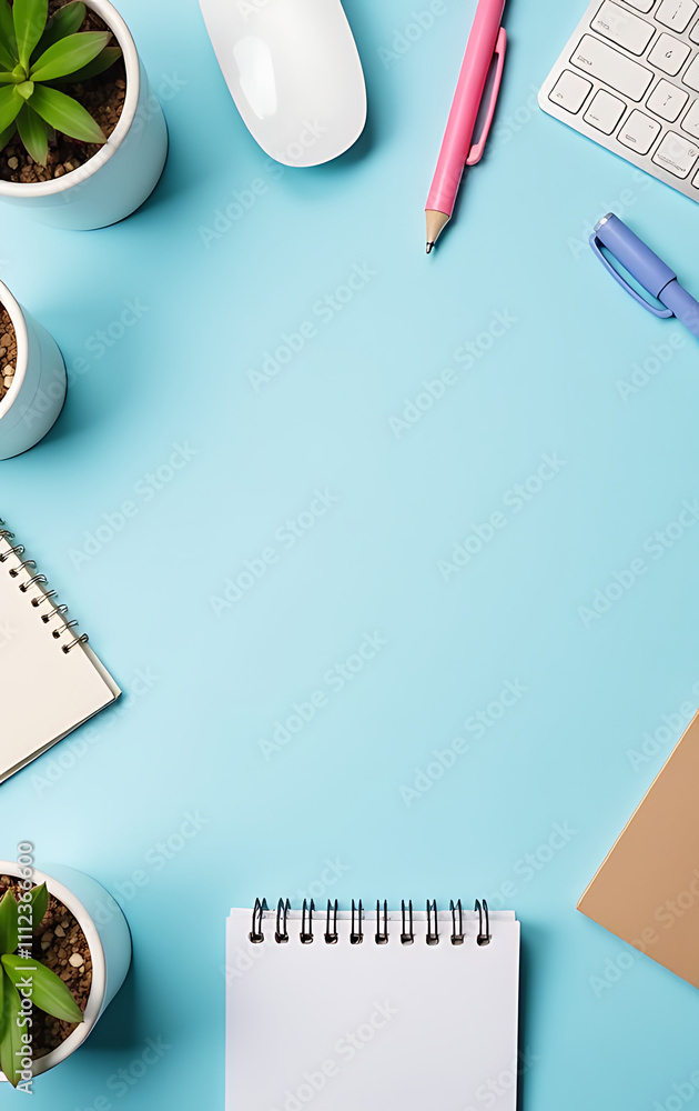 Poster a neatly arranged desk with notebooks, pens, and a keyboard sits perfectly on a light blue backgroun