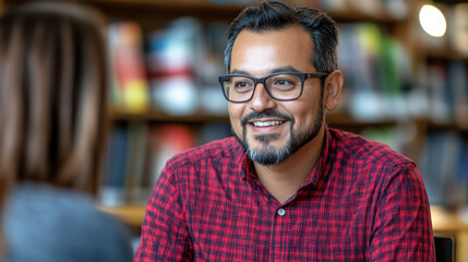 Man in red checkered shirt smiling during discussion with student
