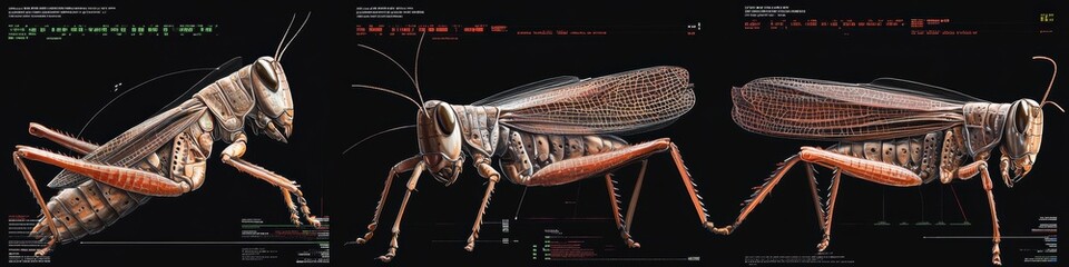 Detailed Scientific Illustration of a Grasshopper Showcasing Anatomy, Features, and Physical Attributes in High Resolution for Educational Purposes