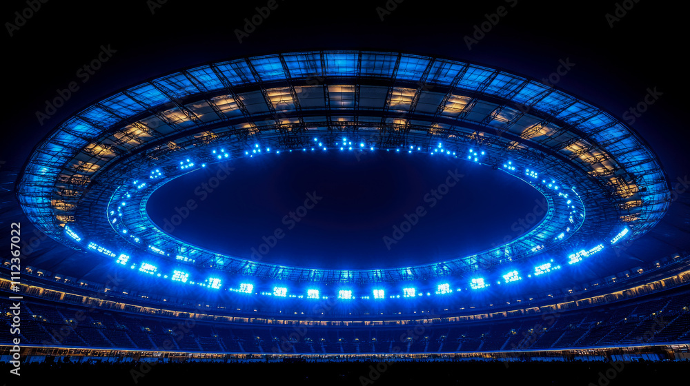 Poster bright blue lights illuminate the unique architecture of a large stadium, creating a captivating atm