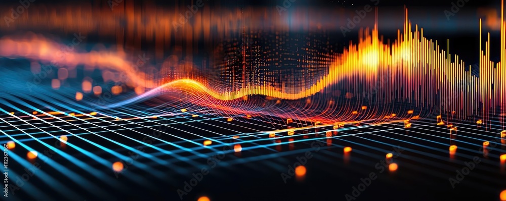 Poster abstract digital sound wave patterns in vibrant colors on a dark background.