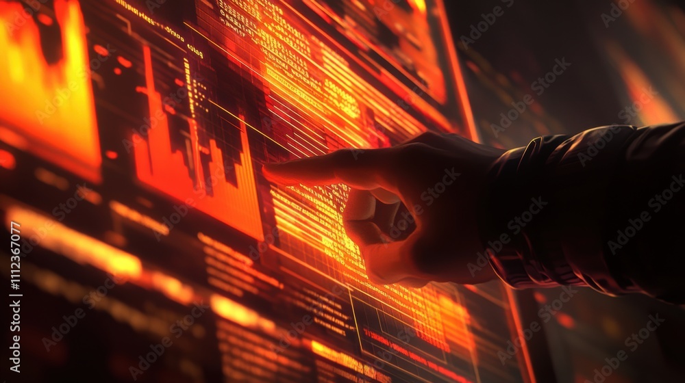 Poster futuristic hand interacting with digital data display in fiery orange and red tones, representing te