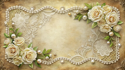 Vintage Victorian style floral frames with white and beige roses.Festive vintage textured...