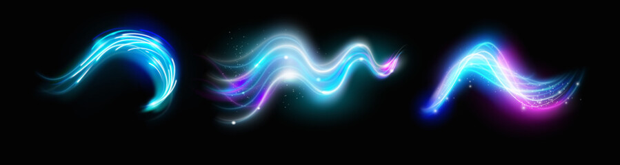 Colored light neon waves and lines with glowing brightness. Vector isolated set of realistic shimmering blurry rays with particles. Hi tech products design, banner decoration or magic powers