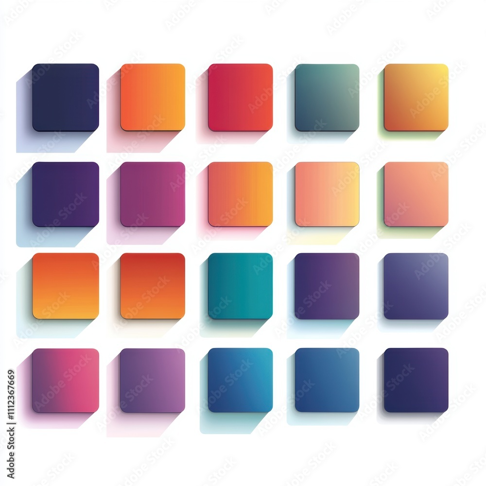 Poster a vibrant array of colorful gradient squares displayed in a grid pattern with soft shadows, perfect 