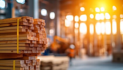 A stack of wooden planks is illuminated by warm sunlight in a spacious warehouse, showcasing the wooden materials used for construction and craftsmanship.