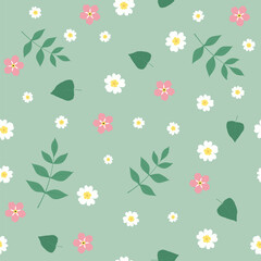 Flowers and leaves isolated on a pastel green background. Seamless pattern in flat style. Floral background for paper, gift wrap, textile, card, wallpaper.