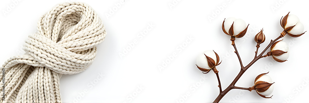 Poster a knitted plaid and a cotton branch are placed together on an isolated white background for use as c