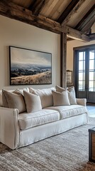 Rustic Living Room Featuring Comfortable Sofa and Landscape Art