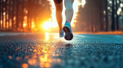 A runner jogs on a forest path at sunrise, with warm sunlight streaming through trees, creating an inspiring and tranquil atmosphere.