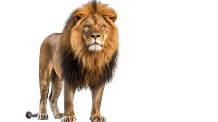 A majestic lion standing proudly in a natural pose, isolated against a white background, showcasing...