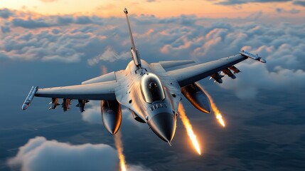 Fighter Jet Firing Missiles in Fiery Mid-Air Action