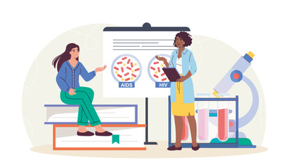 Microbiologists in laboratory. Women in medical uniforms with microscope study structure of cells. Anatomy and biology. Experiments in laboratory. Flat vector illustration