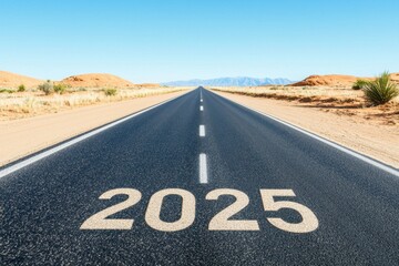 2025 bucket list concept. Open road with a bright sky and the year 2025 marked on it
