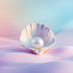flawless white pearl rests inside opened shell, showcasing elegance and beauty. soft pastel background enhances serene atmosphere of this exquisite natural treasure