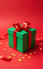 Obraz premium A green gift box with a red ribbon sits on a bright red background amidst tiny yellow confetti, evoking festive holiday cheer._00001_