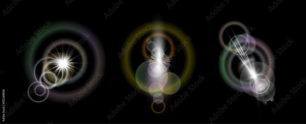 Poster camera glares and warm sunlight flare with circles. vector isolated realistic set of radiant rounded