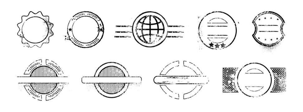 Postal or travel stamps, isolated monochrome banners set. Vector trip departure or arrival mark for passport. Cargo or shipment sticker, vintage and retro design for parcels delivery or journey