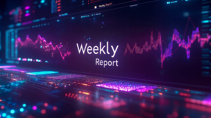 A digital workspace displays a colorful weekly report featuring data trends and visual analytics on a futuristic interface with graphs and text